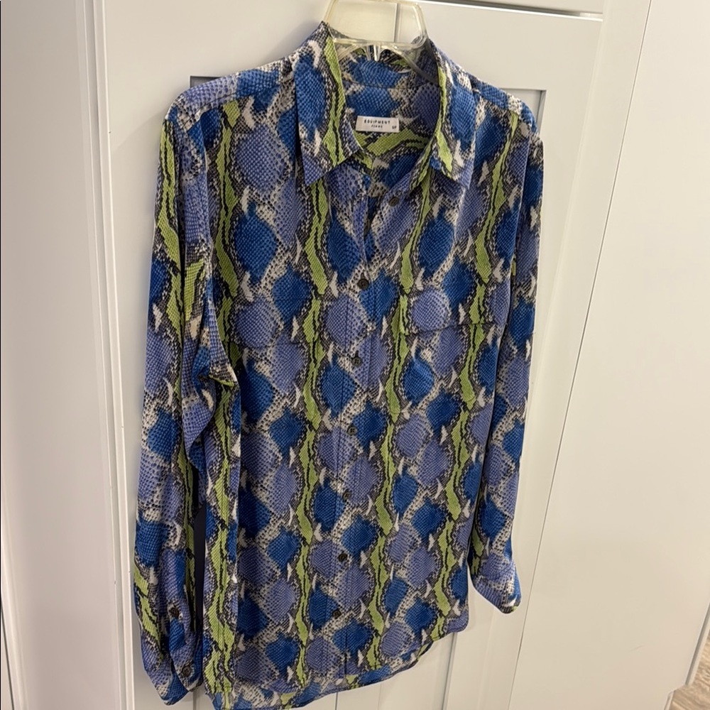 Equipment Blue and Green Button Down Shirt with Vibrant Pattern